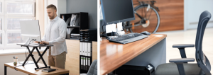 two images of a man working on a standing desk and a bike near a working desk