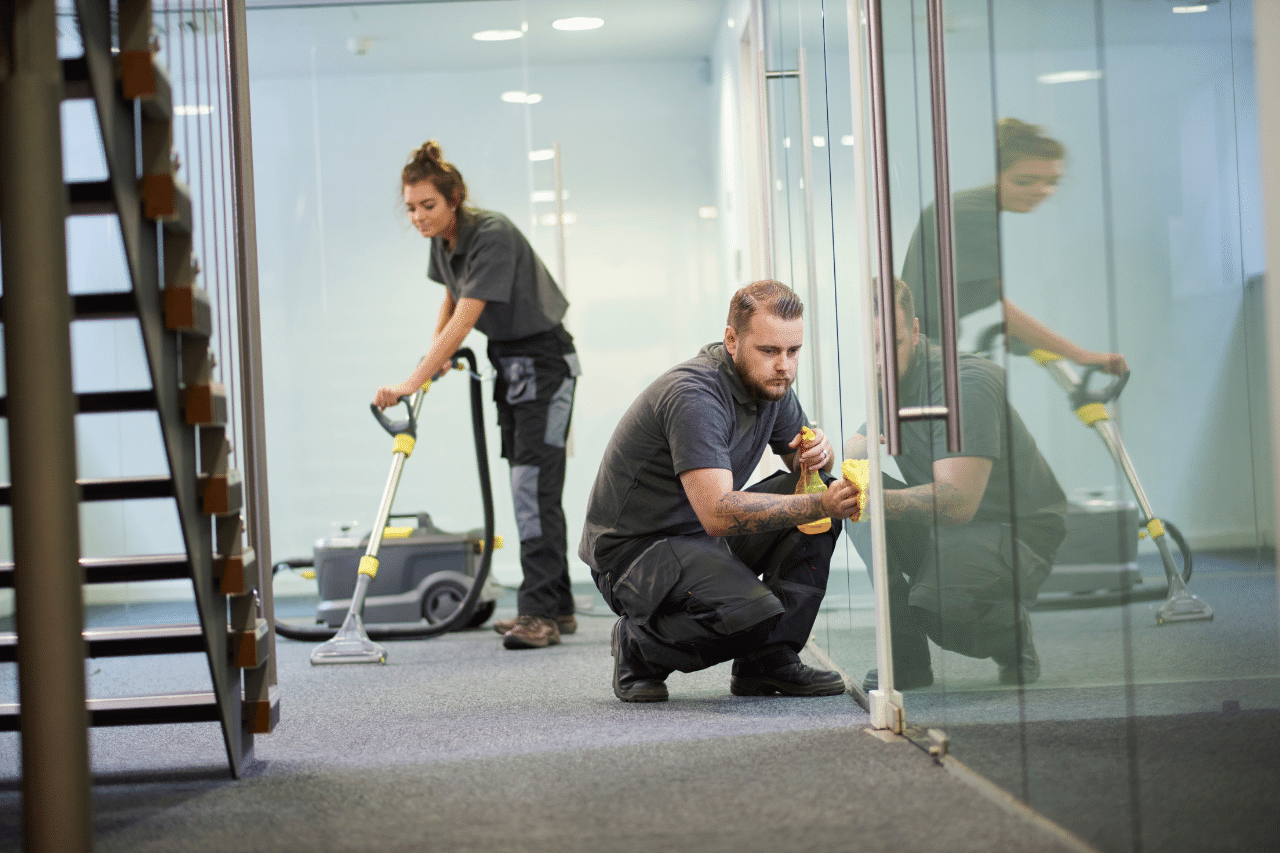 man and woman cleaning an office with sustainable products