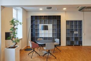 office interior design with warm, wood and modern furniture