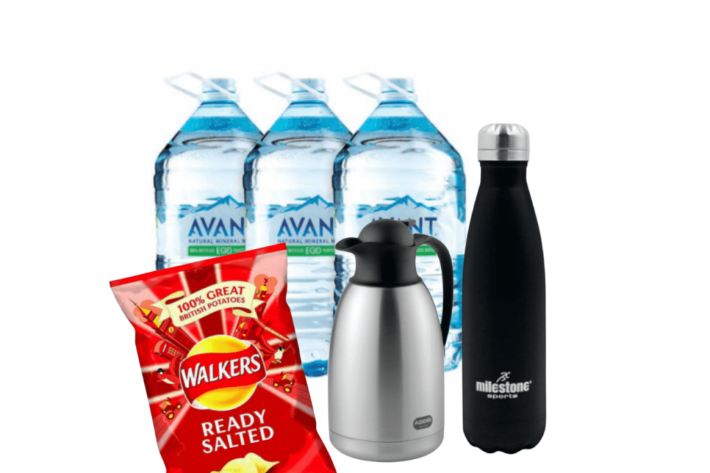 catering supplies for an office showing a bag of crisps, flusks, coffee jugs, bottled water