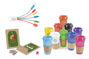 promotional branded products like recycled cups o usb chargers
