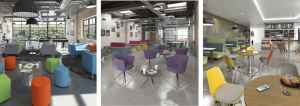 three photos of educational spaces, canteen, relax area with soft, stylish furniture