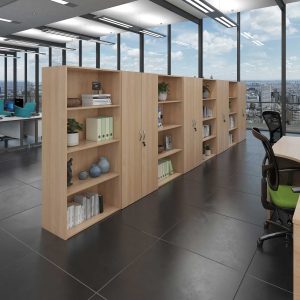 multipurpose beech shelves in an office with storage sections