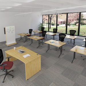 Classroom furniture with flip chart, comfortable office chairs, tables and wooden desks