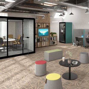 Office with coffee areas, private booths for team meetings, call cabins and desk spaces