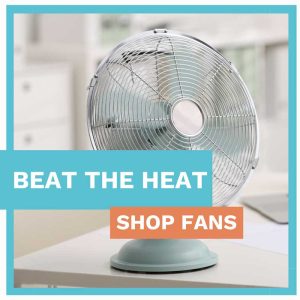 a white fan on a desk inviting people to view the range of fans on offer