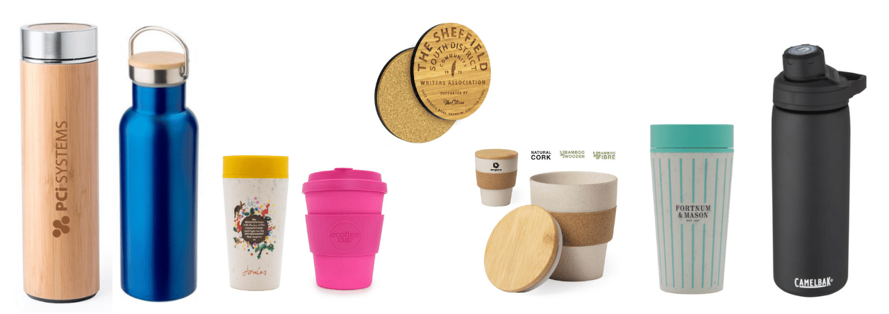sustainable branded water bottles and coffee cups