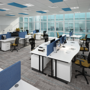 office desks in white with screens