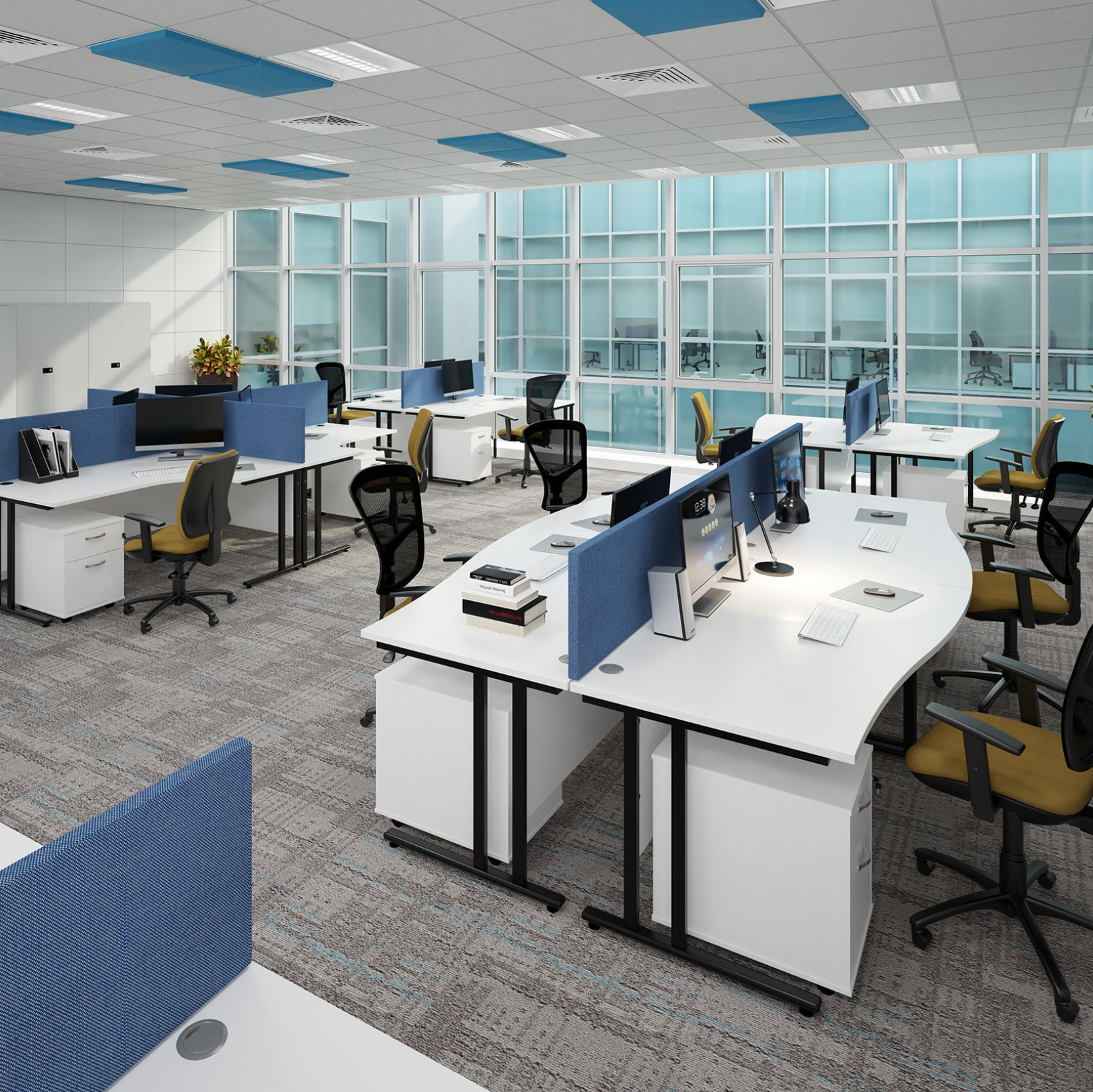 office desks in white with screens