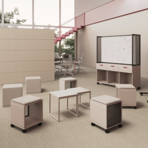 Modular furniture seating area with tables and box seats